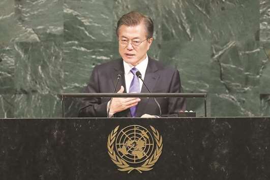 South Korean President Moon Jae-in speaks to world leaders at the 72nd United Nations General Assembly at UN headquarters yesterday.
