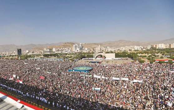 Tens of thousands of supporters of Yemenu2019s Iran-backed Houthi rebel movement gathered in the capital Sanaa yesterday to mark the third anniversary of the rebel takeover. Houthi rebels captured Sanaa on September 21, 2014, seizing the government headquarters and military sites with the aid of forces loyal to ex-president Saleh u2014 a former foe.