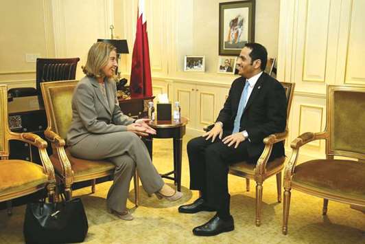 HE the Foreign Minister Sheikh Mohamed bin Abdulrahman al-Thani met with EU High Representative for Foreign Affairs and Security Policy Federica Mogherini on the sidelines of the 72nd session of the UN General Assembly.    