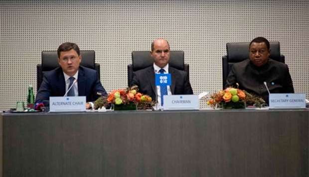 Russian Energy Minister Alexander Novak (left), Kuwaiti Oil Minister Essam al-Marzouk (centre) and Opec Secretary General Mohammed Barkindo of Nigeria attend the Organisation of the Petroleum Exporting Countries meeting in Vienna on Friday.