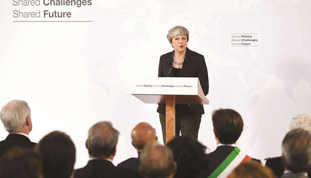 Prime Minister Theresa May delivers her Brexit speech at the Complesso Santa Maria Novella in Florence, Italy, yesterday.