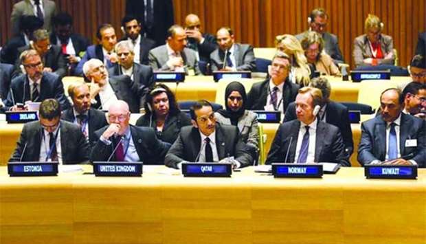 HE the Foreign Minister Sheikh Mohamed bin Abdulrahman al-Thani addressing the ministerial meeting on the Syrian crisis held by the European Union on the sidelines of the 72nd session of the United Nations General Assembly in New York.