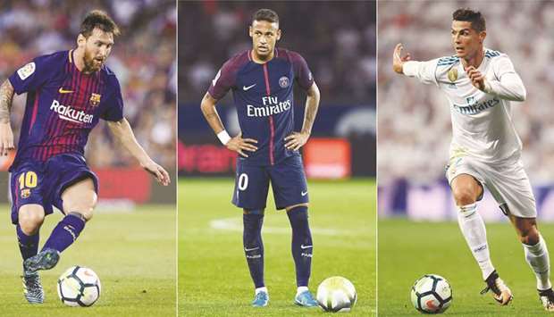 A combination of images shows (from left) Barcelonau2019s Lionel Messi, Paris Saint-Germainu2019s Neymar and Real Madridu2019s Cristiano Ronaldo. (AFP)
