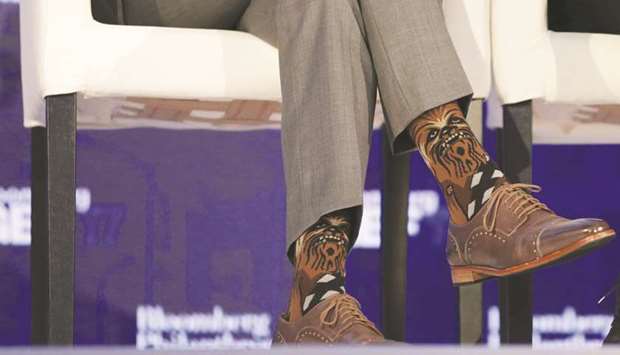 Trudeauu2019s Chewbacca socks are seen during his participation in a panel discussion at a Bloomberg Global Business Forum event in New York on Wednesday.