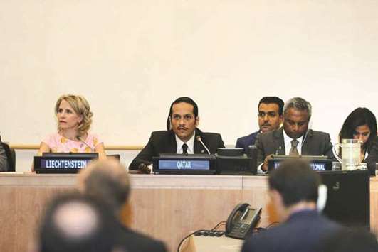 HE the Foreign Minister Sheikh Mohamed bin Abdulrahman al-Thani addresses the high-level meeting on accountability in Syria held on the sidelines of the 72nd session of the United Nations General Assembly in New York.