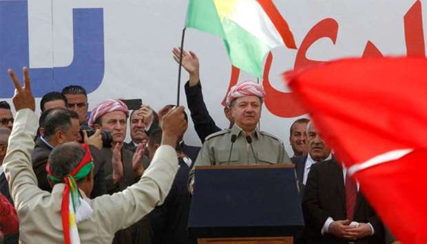 Iraqi Kurdish President Masoud Barzani speaks to the crowd
