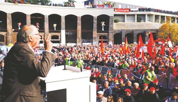 Chairman of the Thyssenkrupp Group Works Council Wilhelm Segerath speaks during a Thyssenkrupp steel workers protest rally in Bochum. Just two days before general elections in Europeu2019s biggest economy, the demonstrators protested against up to 4,000 job cuts that will be made should the joint venture with Tata Steel go ahead.