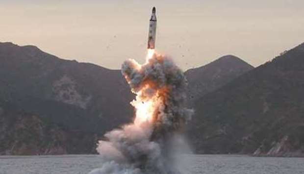 An u2018underwater test-fire of strategic submarine ballistic missileu2019 conducted at an undisclosed location in North Korea. File picture