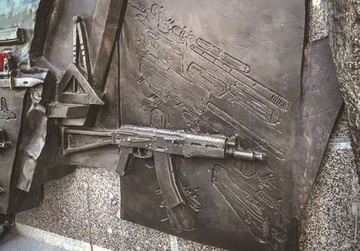 A view of a sketch allegedly featuring German StG 44 rifle at a fragment of the newly-unveiled monument to Kalashnikov, the inventor of the AK-47 assault rifle.
