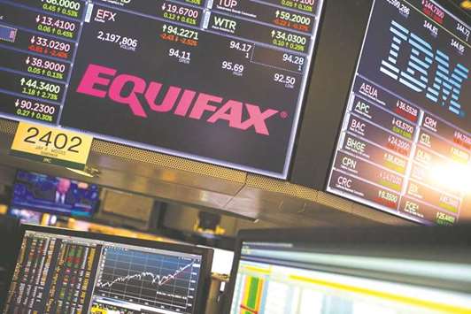 A monitor displays Equifax signage on the floor of the New York Stock Exchange on September 15. Equifax has lost $5.8bn of stock market value since September 7, one-third of what its shares were worth before the recent hack was disclosed.