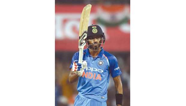 Indiau2019s Hardik Pandya celebrates after scoring his half century during the third ODI against Australia at the Holkar Stadium in Indore, India, yesterday. (AFP)