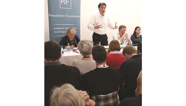 Former leader of the opposition Labour party, Ed Miliband speaks at a fringe meeting of the Resolution Foundation think tank, on the first day of the Labour Party Conference in Brighton yesterday.