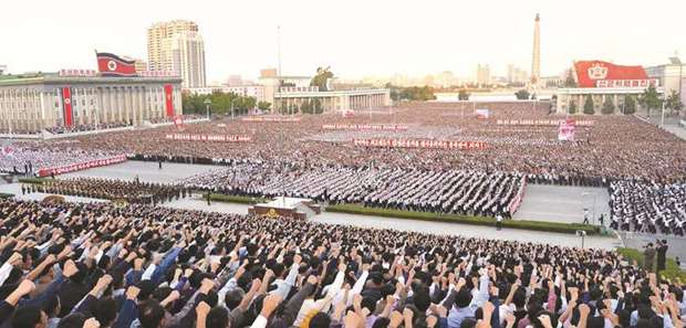 Tens of thousands of Pyongyang residents gathered in the capitalu2019s Kim Il-sung Square on Saturday to laud leader Kim Jong-unu2019s denunciation of US President Donald Trump.