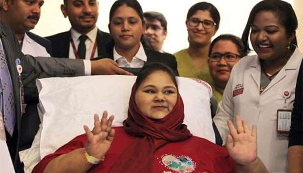 Egyptian national Eman Ahmed Abd El Aty waving during a press conference at the Burjeel Hospital in Abu Dhabi in July this year.
