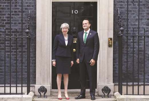 Prime Minister Theresa May meets Irelandu2019s Prime Minister Leo Varadkar outside 10 Downing Street in central London yesterday.
