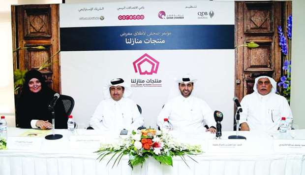 QBD CEO Abdulaziz bin Nasser al-Khalifa is flanked by (from left) Najat al-Abdullah, head of the Department for Family Affairs at the Ministry of Administrative Development, Labor and Social Affairs, Qatar Chamber director general Saleh bin Hamad al-Sharqi, and Ooredoo Qatar COO Yousuf Abdulla al-Kubaisi during the announcement of the first u2018Made at Homeu2019 exhibition. PICTURE: Jayaram