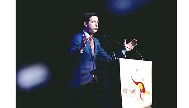 Australiau2019s Minister for Education and Training Simon Birmingham announces the launch of a national space agency at the 68th International Astronautical Congress in Adelaide, Australia.