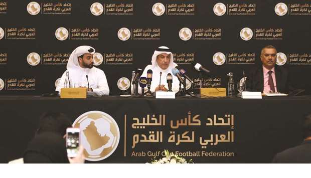 Jassim al-Rumaihi (centre), general secretary of the Arab Gulf Cup Football Federations (AGCFF), and Hamid Alshaibani (right), chairman of the competitions committee, address the press conference after the Gulf Cup draw ceremony yesterday.