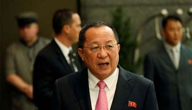 North Korean Foreign Minister Ri Yong-ho speaks to the media outside the Millennium hotel in New York on Monday.