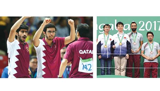 Qatar Team of Four bowling players Saoud Ahmad Abdulla (left) and Jassim al-Muraikhi (centre) celebrate with Yousef al-Jabir during their semi-final against Korea at Asian Indoor and Martial Arts Games in Ashgabat, Turkmenistan. (Laurel) Picture at right: Qataru2019s bronze medal-winning team of Husein Aziz Nezad (second from right) and Mohamed al-Sayed (right) with gold medallists from Vietnam on the menu2019s Rapid Chess Team podium yesterday.