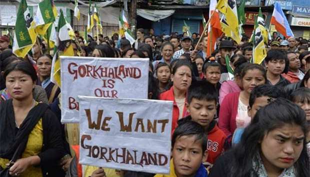 Supporters of the Gorkha Janmukti Morcha (GJM) taking part in a protest amid a strike in Darjeeling in July this year.