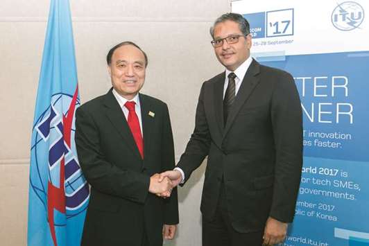 CRA president Mohamed Ali al-Mannai and ITU secretary-general Houlin Zhao shaking hands after holding talks on the sidelines of the  ITU Telecom World 2017 in Busan.