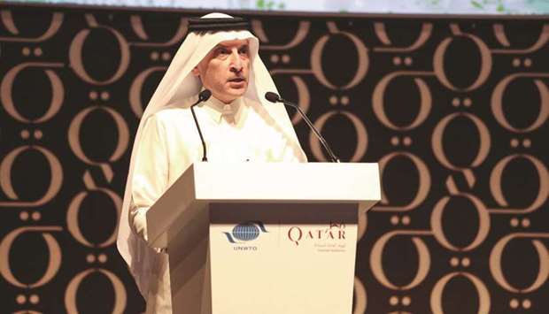 Qatar Airways CEO Akbar al-Baker addressing the World Tourism Day event in Doha yesterday.
