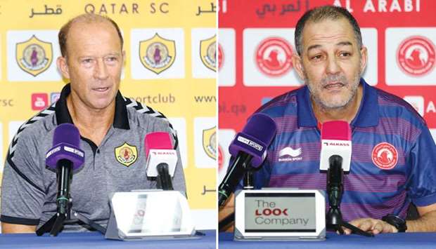 Qatar SC head coach Gabriel Calderon (left) and his Al Arabi countepart Kais Yaakoubi speak at a press conference.