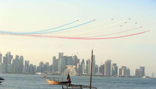  Red Arrows jets fly in formation over Doha Corniche. PICTURE : Jayan Orma