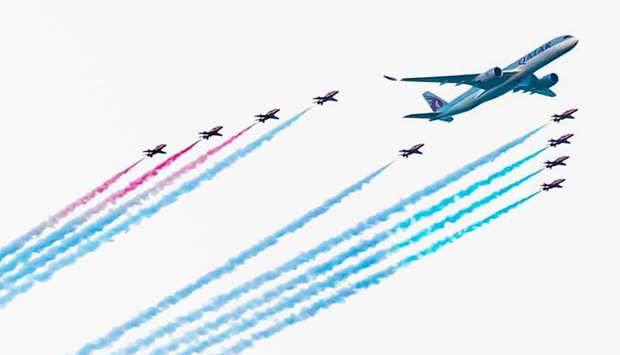 Qatar Airways Airbus A350 and the Red Arrows fly in formation over Doha Corniche