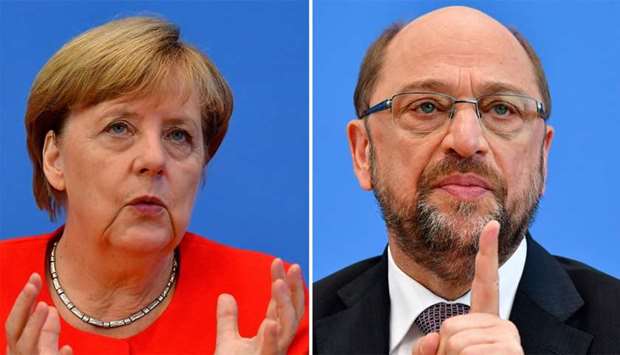 German Chancellor Angela Merkel and Martin Schulz, leader of Germany's social democratic SPD party