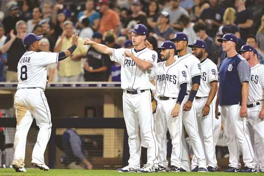 The San Diego Padres celebrate a 7-2 win over the Los Angeles Dodgers at Petco Park. PICTURE: USA TODAY Sports