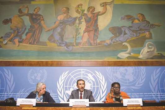 Members of the UN Commission of Inquiry on Burundi, Francoise Hampson of Britain, Commission president Fatsah Ouguergouz of France, and Reine Alapini-Gansou of Benin at the news conference on the commissionu2019s report in Geneva.