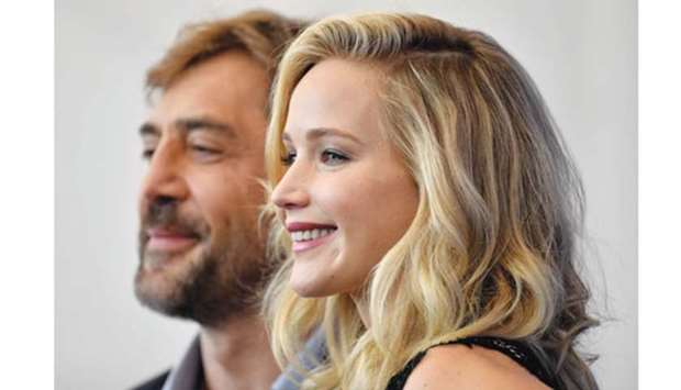 US actress Lawrence and Spanish actor Bardem attend the photocall of the movie mother! presented in competition yesterday at the 74th Venice Film Festival.