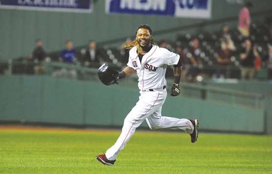 Boston Red Sox designated hitter Hanley Ramirez celebrates after hitting a walkout single during the 19th inning against the Toronto Blue Jays in Boston on Tuesday. (USA TODAY Sports)