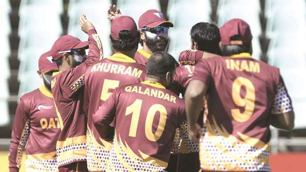 Qatar players celebrate the wicket of Guernseyu2019s Matthew Stokes during their ICC World Cricket League Division 5 match. (ICC)