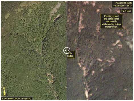 This before-and-after images courtesy of Planet, show a closer view of the Punggye-ri test site where on September 3, North Korea claimed to have conducted the underground explosion of a hydrogen bomb. The image on the left is pre-test image acquired on September 1, while the post-test image, showing landslided, was acquired on September 4.