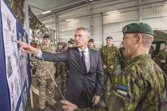 Stoltenberg is seen during his visit to the Nato battle group in Estoniau2019s Tapa military base.