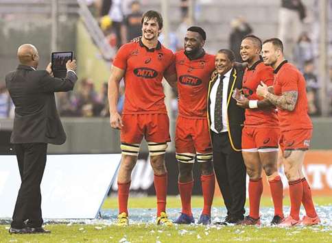 Coach Allister Coetzeeu2019s (third from right) Springboks are unbeaten in the southern hemisphere championship after home and away wins over Argentina.