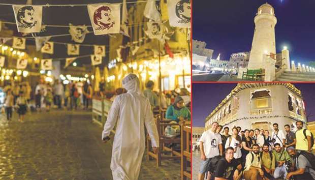 LEFT: Flaglets bearing the u2018Tamim Al Madju2019 portrait adorn the main alley of Souq Waqif. TOP RIGHT: Indian national Muneer V M captures the nighttime sky over the souq. BELOW RIGHT: Shutterbugs pose for posterity at Souq Waqif.  PICTURES: Ijas Mohamed