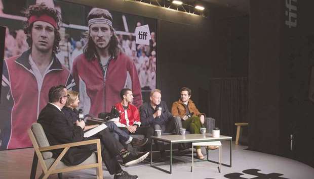 Actors Shia LaBeouf, Stellan Skarsgard and Sverrir Gudnason attend a question-and-answer session on Thursday for Borg/McEnroe at the 2017 Toronto International Film Festival at TIFF Bell Lightbox.