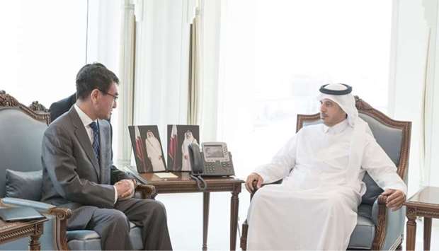 HE the Prime Minister and Interior Minister Sheikh Abdullah bin Nasser bin Khalifa al-Thani meets with the visiting Japanese Foreign Minister Taro Kono