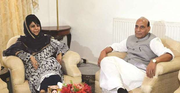 Federal Home Minister Rajnath Singh calls on Jammu and Kashmir Chief Minister Mehbooba Mufti in Srinagar.