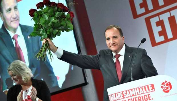 Prime minister and party leader of the Social democrat party Stefan Lofven addresses supporters at an election night party following general election results in Stockholm