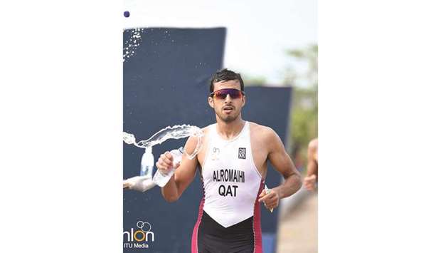 Qataru2019s Ebrahim al-Romaihi making his way along the 10km run course towards the finish of the 2018 Asian Games Triathlon event.