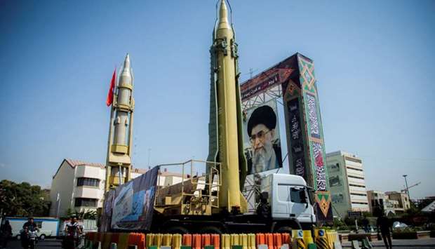 A display featuring missiles and a portrait of Iran's Supreme Leader Ayatollah Ali Khamenei is seen at Baharestan Square in Tehran, Iran.  September 27, 2017 file picture.