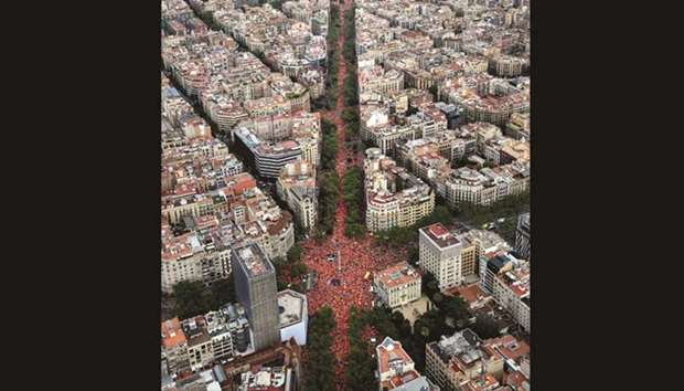 This handout picture released by the Assemblea Nacional Catalana (Catalan National Assembly) shows an aerial view of a pro-independence demonstration in Barcelona marking the National Day of Catalonia, the u2018Diadau2019, yesterday.