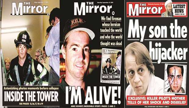 Front pages of the Mirror on the days following the September 11 World Trade Center attack