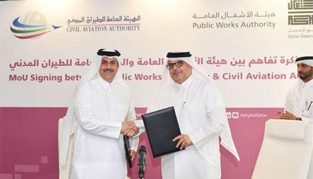 CAA's al Subaey (left) and Ashghal's al-Muhannadi at the signing of the MoU on Wednesday.