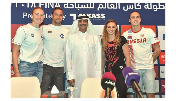 Qatar Swimming Association President and FINA Bureau member Khaleel al-Jabir (centre) poses with swimmers (from left) Sarah Sjostrom, Chad Le Clos, Katinka Hosszu and Anton Chupko ahead of the FINA Swimming World Cup in Doha. PICTURES: Noushad Thekkayil